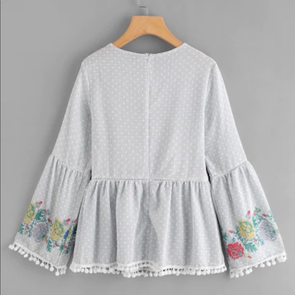 🧡SOLD🧡 Trumpet Sleeved Pom Pom Blouse Blue - Picture 5 of 8